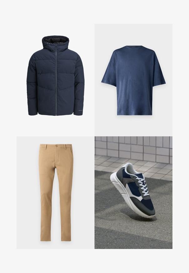 Navy puffer jacket with a hood, zip front, and chevron stitching pattern. Made from textured fabric with elastic cuffs and a logo detail.; Navy blue short-sleeve T-shirt, made of soft fabric, features a classic crew neck and relaxed fit, with no visible patterns or accents.; Slim-fit beige chinos with button closure, front pockets, and a smooth texture. Plain design, tapered legs, and clean hem.; Sneaker featuring a navy blue mesh upper, gray suede accents, white rubber sole, and flat white laces, designed for comfort and breathability.