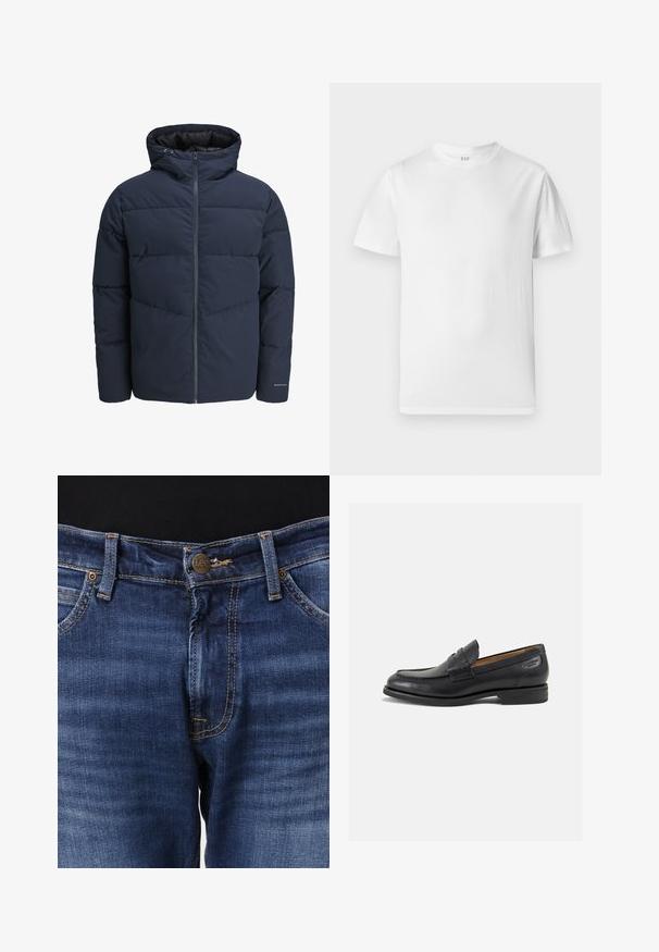 Giacca a vento blu navy con cappuccio, chiusura con zip e motivo a zig-zag. Realizzata in tessuto testurizzato con polsini elasticizzati e dettaglio del logo.; T-shirt bianca a maniche corte realizzata in morbido cotone. Presenta un collo rotondo e un orlo dritto con dettagli minimi.; Jeans in denim blu con taglio dritto. Presentano un'abbottonatura a pulsante, cuciture a contrasto e un design a cinque tasche. Il nome del marchio "Lee" è visibile sul pulsante.; Mocassini in pelle nera con finitura liscia, punta arrotondata e cuciture decorative sulla tomaia. Tacco basso impilato e leggero lucido.