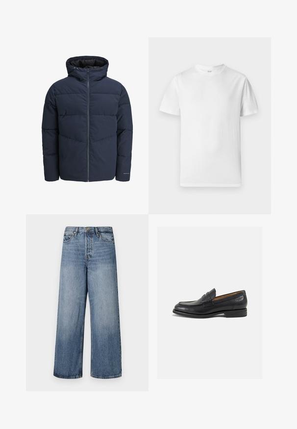 Meripihkalaavun takki hupulla, vetoketjulla ja chevron-niittykuviolla. Valmistettu teksturoidusta kankaasta, jossa on joustavat hihansuut ja logoyksityiskohta.; Valkoinen lyhythihainen t-paita, joka on valmistettu pehmeästä puuvillasta. Siinä on pyöreä pääntie ja suora helma, jossa on minimaalista yksityiskohtaa.; Värikkäät siniset farkut, joissa on leveät lahkeet ja haalistunut pesu, viiden taskun muotoilu sekä nappikiinnitys. Varustettu vyölenkeillä ja ommellulla yksityiskohdalla.; Mustat nahkaloaferit, joissa on sileä pinta, pyöreä varvas ja koristeompeleet varpaansuojassa. Matala pinottu korko ja hieno kiilto.