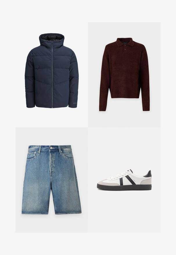 Tamsiai mėlynas pūkinis švarkas su gaubtu, užtrauktuku priekyje ir chevrono raštu. Pagamintas iš tekstūruotos medžiagos su elastinėmis rankovėmis ir logotipo detale.; Rudas megztinis su polo apykakle, trimis mygtukais ant kaklo ir ilgomis rankovėmis. Minkšta tekstūra, raukiniai rankogaliuose ir apatine dalyje.; Šviesiai mėlyni džinsiniai šortai, turintys klasikinį penkių kišenių dizainą, mygtuko uždarymą, tiesią sijoną ir šiek tiek išblukusį paviršių.; Balti sportbačiai su juodais ir pilkais akcentais, pasižymintys tekstūruotu pilku pirštų dangteliu, juoda gumine padais ir plokščiomis baltomis raišteliais. Švarus dizainas, minimalistinis stilius.