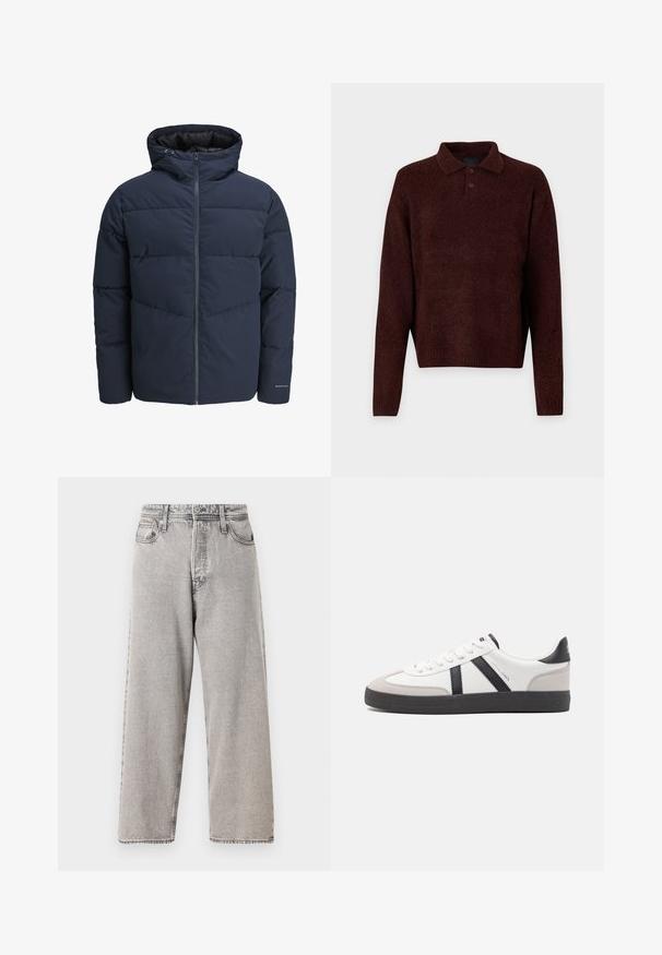 Meripihkalaavun takki hupulla, vetoketjulla ja chevron-niittykuviolla. Valmistettu teksturoidusta kankaasta, jossa on joustavat hihansuut ja logoyksityiskohta.; Ruskean neulottu neulepaita, jossa on polo-kaulus, kolme nappia kauluksessa ja pitkät hihat. Pehmeä rakenne, uritettut hihansuut ja helma.; Vaaleanharmaat leveälahkeiset farkut, joissa on haalistunut pesu, viisi taskua, vyölenkit ja kontrastiväriset tikkaukset. Sileä pinta ja suora leikkaus.; Valkoiset lenkkarit mustilla ja harmailla yksityiskohdilla, joissa on teksturoitu harmaa kärki, musta kumipohja ja litteät valkoiset nauhat. Siisti muotoilu, minimalistinen tyyli.