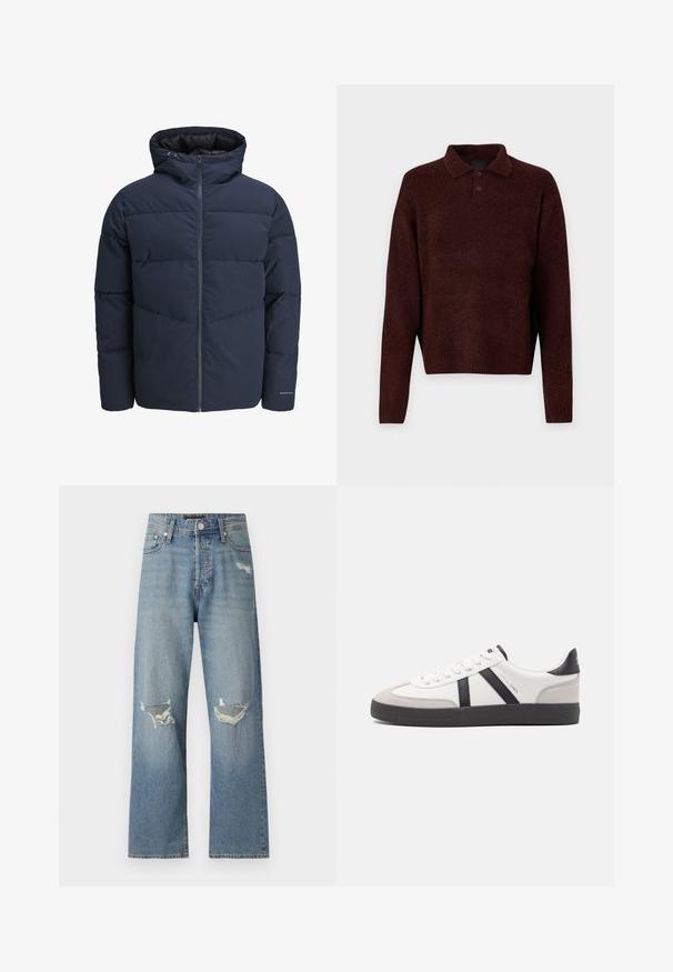 Granatowa kurtka puchowa z kapturem, zapinana na zamek, z wzorem w zygzak. Wykonana z teksturowanej tkaniny, z elastycznymi mankietami i detalem z logo.; Brązowy sweter robiony na drutach z kołnierzykiem polo, trzema guzikami przy szyi i długimi rękawami. Miękka faktura, ściągacze na rękawach i u dołu.; Jasnoniebieskie dżinsy o prostym kroju nogawki. Posiadają dwa podarte otwory na kolanach oraz klasyczny suwak z zapięciem na guzik.; Białe sneakersy z czarnymi i szarymi akcentami, z teksturowanym szarym czubkiem, czarną gumową podeszwą i płaskimi białymi sznurowadłami. Czysty design, minimalistyczny styl.