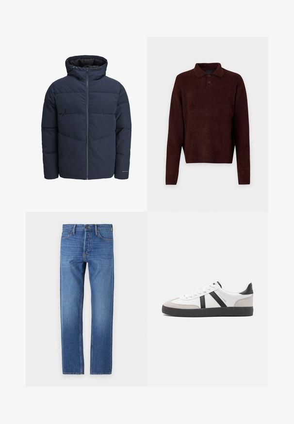 Námořnická puffer bunda s kapucí, zipem vpředu a šikmým švem. Vyrobena z texturované látky s elastickými manžetami a detailem loga.; Hnědý pletený pullover s polo límcem, třemi knoflíky na krku a dlouhými rukávy. Měkká textura, žebrované manžety a lem.; Modré džíny z denimu se střihem rovného nohavice, klasickým pětipočtovým designem, měděnými stehy a vybledlým odstínem pro opotřebovaný vzhled.; Bílé tenisky s černými a šedými akcenty, opatřené texturovaným šedým prstovým krytem, černou gumovou podrážkou a plochými bílými tkaničkami. Čistý design, minimalistický styl.