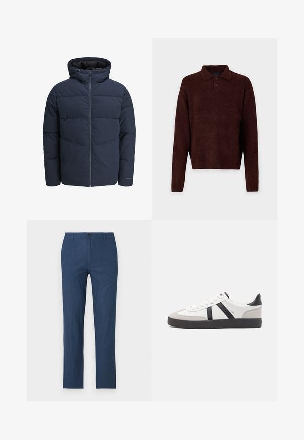 Tumesinine puhvpusa, millel on kapuuts, lukuga ees ja chevroni tikandi muster. Valmistatud tekstuursetest kangast, millel on elastsed mansetid ja logodetail.; Pruun kudumiga pehme pullover, millel on polo kaelus, kolm nuppu kaela juures ja pikad varrukad. Pehme tekstuur, ribidega mansetid ja äär.; Tumed sinine püksid, mis on valmistatud kergetest kangast, sirge lõikega, tõmbelukk, nööp sulguri ja küljetaskudega.; Valged tossud mustade ja hallide aktsentidega, tekstureeritud halli varbakattega, musta kummitald ja lamedad valged paelad. Puhtad jooned, minimalistlik stiil.