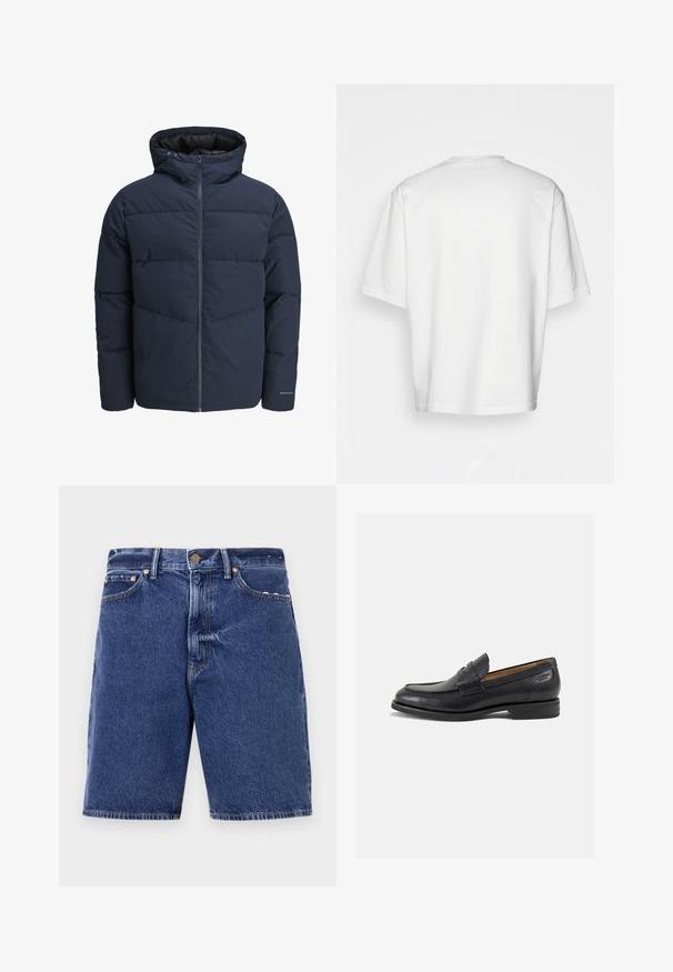 Mornarska puf jakna s kapuco, zadrgo spredaj in chevron vzorcem. Narejena iz teksturiranega blaga z elastičnimi manšetami in logotipom.; Bela kratka majica s kratkimi rokavi, ohlapnega kroja, okroglega izreza, gladkega bombažnega materiala, brez okrasitev na hrbtni strani, ravna obroba, brez vzorcev ali naglasov.; Denim kratke hlače v temno modri barvi s klasičnim krojem, z gumbom za zapiranje, petimi žepi in kontrastnim oranžnim šivom.; Črne usnjene loafers cipele z gladko površino, zaobljenim nosom in dekorativnim šivom na vampu. Nizek zloženi peti in rahla sijaj.