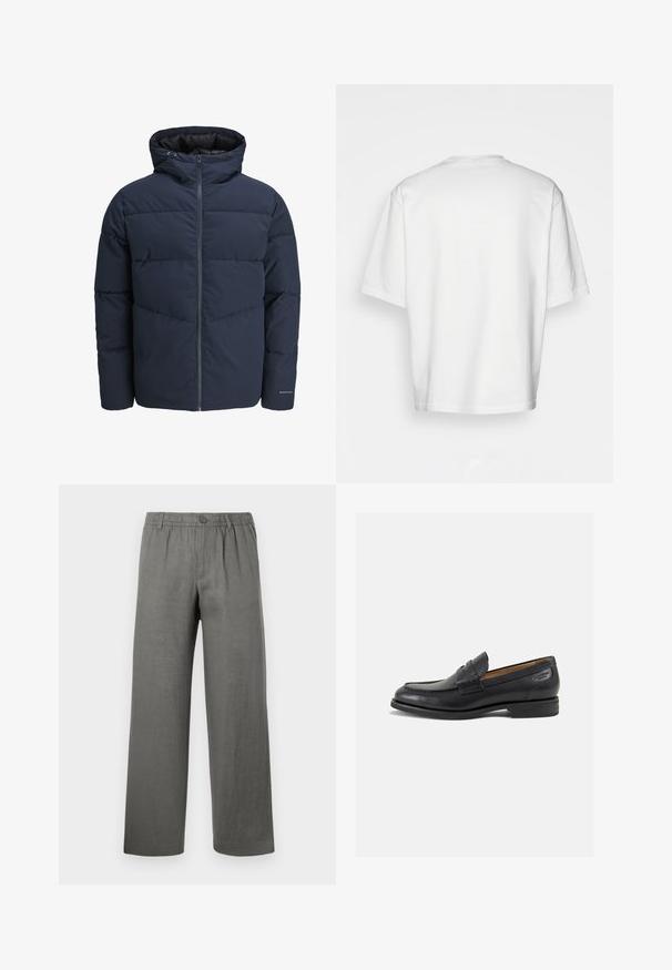 Giacca a vento blu navy con cappuccio, chiusura con zip e motivo a zig-zag. Realizzata in tessuto testurizzato con polsini elasticizzati e dettaglio del logo.; T-shirt bianco a maniche corte, vestibilità ampia, collo rotondo, in morbido cotone, retro senza decorazioni, orlo dritto, senza fantasie o dettagli.; Pantaloni di lino grigi con vestibilità rilassata, vita elastica, chiusura con bottone e gambe dritte. Texture liscia, design minimalista.; Mocassini in pelle nera con finitura liscia, punta arrotondata e cuciture decorative sulla tomaia. Tacco basso impilato e leggero lucido.