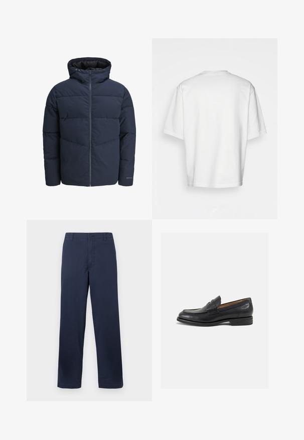 Námořnická puffer bunda s kapucí, zipem vpředu a šikmým švem. Vyrobena z texturované látky s elastickými manžetami a detailem loga.; Bílý krátký rukáv tričko, volný střih, kulatý výstřih, hladká bavlněná tkanina, nezdobený zadní díl, rovný lem, žádné vzory ani akcenty.; Námořnické modré bavlněné kalhoty s rovnými nohavicemi, s předním zapínáním na knoflík, poutky na opasek a hladkým povrchem.; Černé kožené mokasíny s hladkým povrchem, zaoblenou špičkou a dekorativním prošíváním na svršku. Nízký podpatka a mírný lesk.