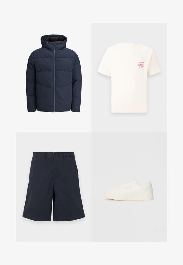 Tamsiai mėlynas pūkinis švarkas su gaubtu, užtrauktuku priekyje ir chevrono raštu. Pagamintas iš tekstūruotos medžiagos su elastinėmis rankovėmis ir logotipo detale.; Balta trumpa rankovėmis marškinėliai su raudonu užrašu "Studio Originals Edition" kairiajame krūtinės šone, rodomi neutralioje pilkoje aplinkoje.; Tamsiai mėlynos medvilninės šortai, su mygtuko užsegimu, šoninėmis kišenėmis ir tiesiu kirpimu. Medžiaga yra minkšta.; Baltos slip-on sportbačiai su tekstūruota paviršiumi, storesniu padu ir minimalistišku dizainu. Šone matosi prekės ženklo logotipas.