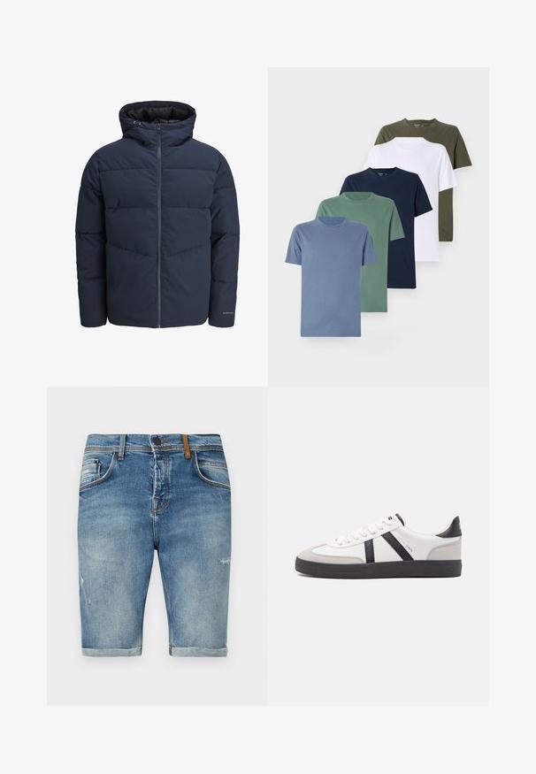 Mornarica puffer jakna s kapuljačom, zatvaranjem na zip i šavnim uzorkom u obliku chevrona. Izrađena od teksturirane tkanine s elastinim manžetama i detaljem s logotipom.; Pet majica s okruglim izrezom u raznim bojama: svijetloplava,zelena, tamnoplava, bijela i maslinasta. Izrađene su od pamučnog materijala, imaju kratke rukave i suptilan logo.; Traper šortsici u svijetloplavoj boji s ispucalim detaljima, sa standardnim pojasom, prednjim džepovima i zarolanim rubom.; Bijele tenisice s crnim i sivim detaljima, s teksturiranim sivim zaštitnikom prstiju, crnim gumene potplate i ravnim bijelim vezicama. Čist dizajn, minimalistički stil.