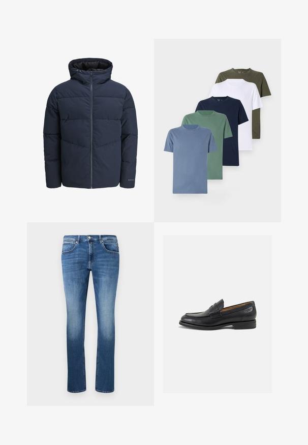 Meripihkalaavun takki hupulla, vetoketjulla ja chevron-niittykuviolla. Valmistettu teksturoidusta kankaasta, jossa on joustavat hihansuut ja logoyksityiskohta.; Viisi ympyräkaulus t-paitaa eri väreissä: vaaleansininen, vihreä, tummansininen, valkoinen ja oliivi. Valmistettu puuvillasta, lyhythihainen ja hienovaraisella logolla.; Siniset farkut suoran leikkauksen kanssa, joissa on kevyitä haalistumia, viisi taskua ja nappi- ja vetoketjukiinnitys. Ompeleita saumoissa.; Mustat nahkaloaferit, joissa on sileä pinta, pyöreä varvas ja koristeompeleet varpaansuojassa. Matala pinottu korko ja hieno kiilto.