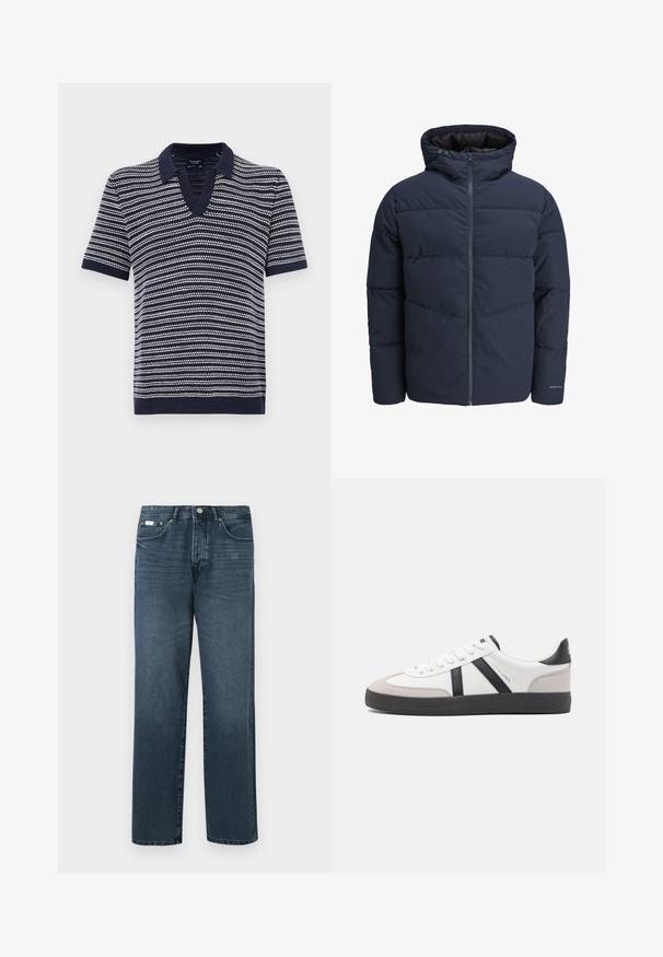 Veste en duvet navy avec capuche, fermeture éclair à l'avant et motif de piqûre en chevrons. Fabriquée en tissu texturé avec des poignets élastiques et un détail de logo.; Polo shirt à manches courtes marine avec un col en V, présentant des rayures blanches horizontales. Fabriqué en matériau tricoté doux avec un col et un ourlet côtelés.; Jean en denim bleu foncé avec une coupe droite, cinq poches, passants de ceinture et fermeture à glissière. Texture lisse avec des détails de décoloration subtils.; Baskets blanches avec des accents noirs et gris, présentant un embout texturé gris, une semelle en caoutchouc noir et des lacets plats blancs. Design épuré, style minimaliste.