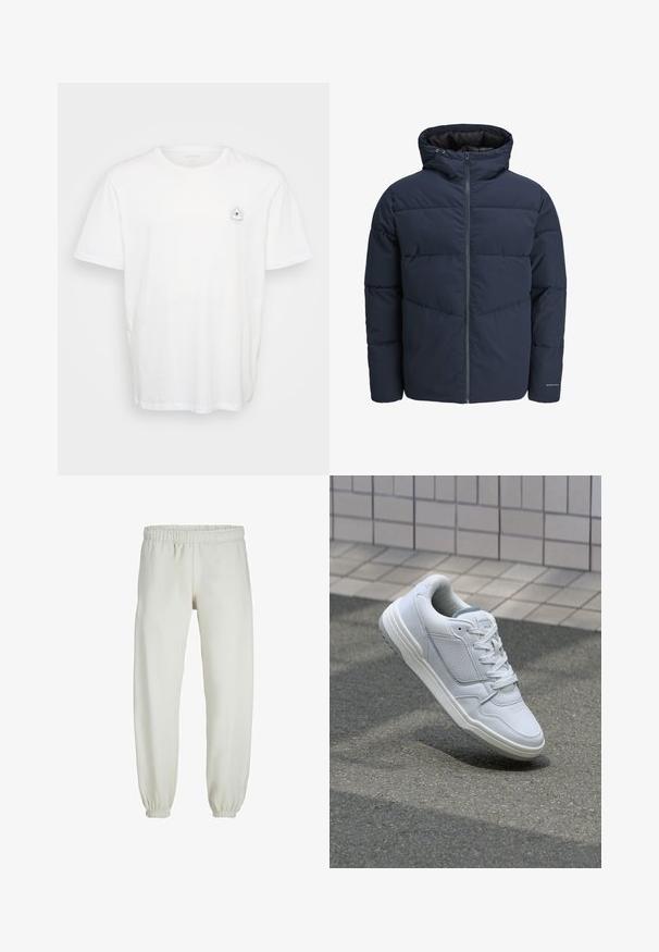 Tamsiai mėlynas pūkinis švarkas su gaubtu, užtrauktuku priekyje ir chevrono raštu. Pagamintas iš tekstūruotos medžiagos su elastinėmis rankovėmis ir logotipo detale.; Balta medvilnė marša su apvalia iškirpte ir trumpomis rankovėmis. Išskirtinis grafikos dizainas – akys, apsuptos spindulių, kairėje krūtinės pusėje.; Baltos sportinės kelnės, pagamintos iš minkštos medžiagos, su elastinga juosmeniu ir rankogaliais, turinčios lygią tekstūrą ir laisvą siluetą.; Baltos odinės sportinės bateliai su perforuotais šonais, tekstūruotais akcentais, plokščiomis raištelėmis ir kontrastingu pilku kulnu. Yra šiek tiek pakelti padas.