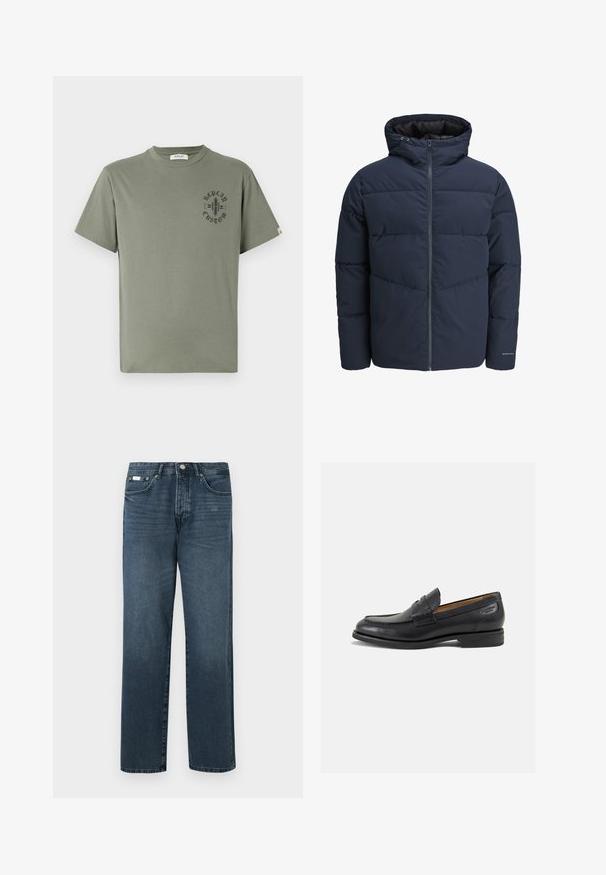 Meripihkalaavun takki hupulla, vetoketjulla ja chevron-niittykuviolla. Valmistettu teksturoidusta kankaasta, jossa on joustavat hihansuut ja logoyksityiskohta.; Oliivinvihreä puuvillainen t-paita lyhyillä hihoilla, pyöreällä kaula-aukolla ja mustalla painetulla logolla vasemmassa rintakehän alueella.; Tummansiniset farkut suoralla istuvuudella, viisi taskua, vyölenkit ja vetoketjuluukku. Sileä pinta, jossa on hienovaraisia kulumisia.; Mustat nahkaloaferit, joissa on sileä pinta, pyöreä varvas ja koristeompeleet varpaansuojassa. Matala pinottu korko ja hieno kiilto.