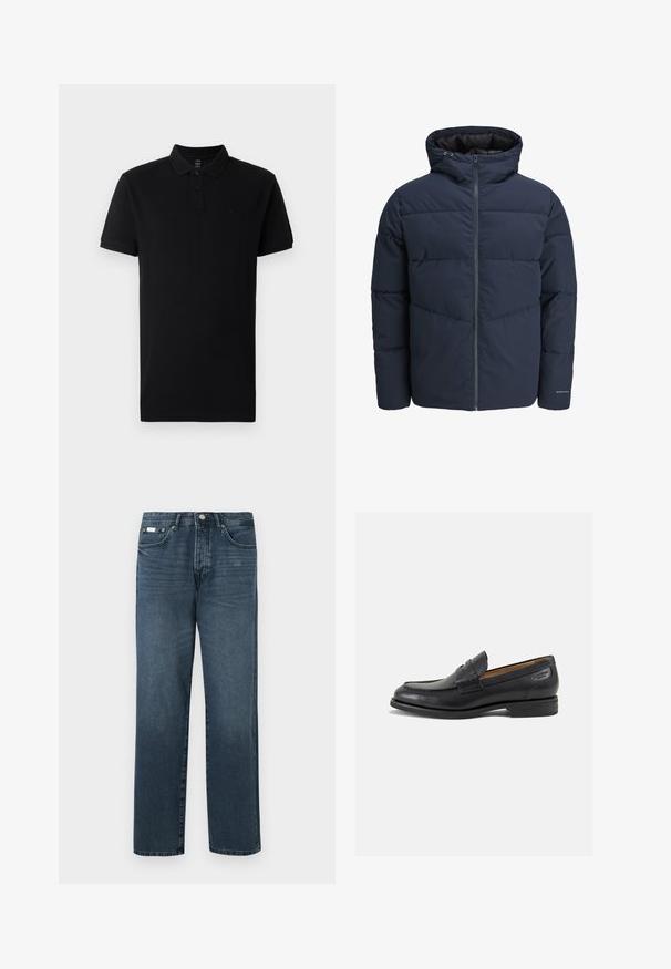 Námornícka prešívaná bunda s kapucňou, zipsom vpredu a šikmým prešívaním. Vyrobená z textúrovanej tkaniny s elastickými manžetami a detailom loga.; Čierna polokošeľa vyrobená z bavlny, s golierom, zapínaním na dva gombíky a krátkymi rukávmi. Minimalistický dizajn s jemným logom.; Tmavomodré denimové džínsy so strihom rovného strihu, piatimi vreckami, pútkami na opasok a zipsom. Hladká textúra s jemnými efektmi vyblednutia.; Čierne kožené mokasíny s hladkým povrchom, zaoblenou špičkou a dekoratívnym prešívaním na prednej časti. Nízky kokteilový opätok a jemný lesk.