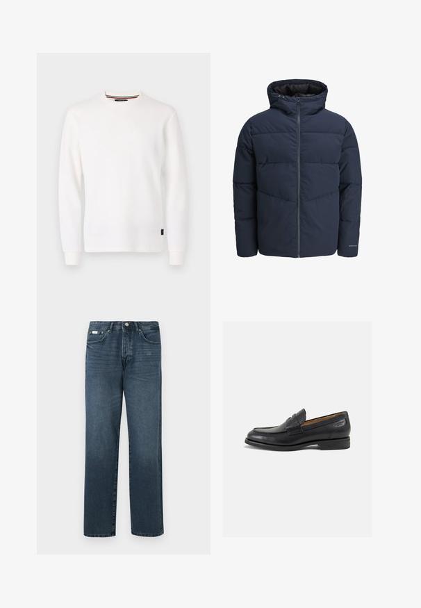 Marineblaue Pufferjacke mit Kapuze, Reißverschluss vorne und Chevron-Nähten. Hergestellt aus strukturiertem Stoff mit elastischen Bündchen und einem Logodetail.; Replay Langarmshirt - natural white; Dunkelblaue Jeans aus Denim mit geradem Schnitt, fünf Taschen, Gürtelschlaufen und Reißverschluss. Glatte Textur mit dezenten Ausbleichungen.; Schwarze Leder Slipper mit glatter Oberfläche, runder Spitze und dekorativer Naht auf dem Vorderblatt. Niedriger Blockabsatz und leichter Glanz.