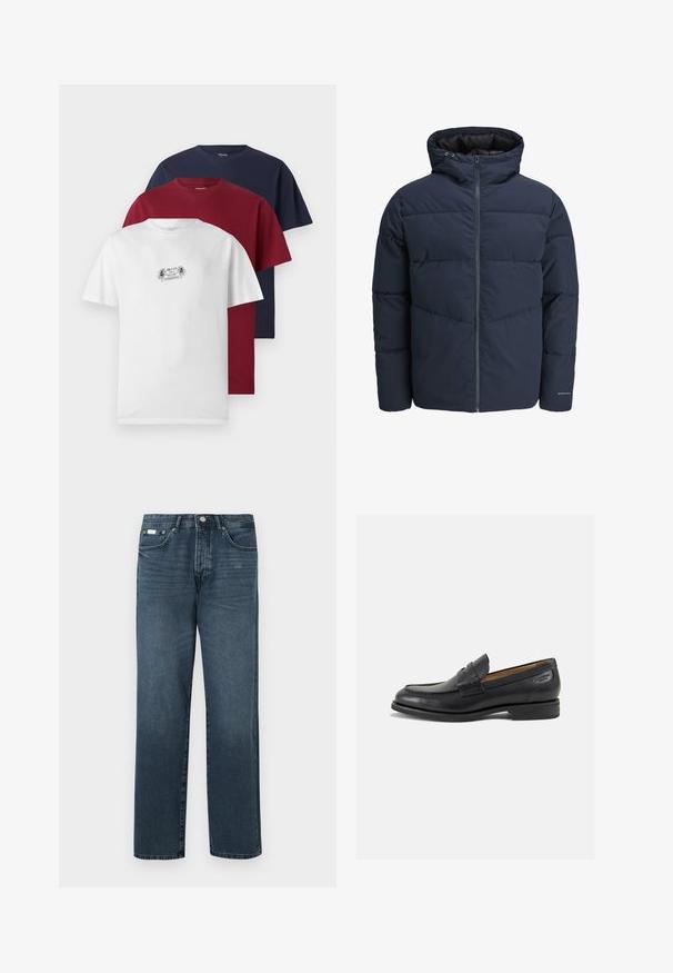 Marineblaue Pufferjacke mit Kapuze, Reißverschluss vorne und Chevron-Nähten. Hergestellt aus strukturiertem Stoff mit elastischen Bündchen und einem Logodetail.; Drei kurzärmelige T-Shirts in Weiß, Burgunder und Marineblau. Jedes hat einen Rundhalsausschnitt und besteht aus weichem Baumwollstoff, wobei das weiße T-Shirt eine kleine Grafik zeigt.; Dunkelblaue Jeans aus Denim mit geradem Schnitt, fünf Taschen, Gürtelschlaufen und Reißverschluss. Glatte Textur mit dezenten Ausbleichungen.; Schwarze Leder Slipper mit glatter Oberfläche, runder Spitze und dekorativer Naht auf dem Vorderblatt. Niedriger Blockabsatz und leichter Glanz.