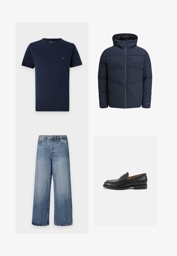 Chaqueta acolchada azul marino con capucha, cierre de cremallera y patrón de costura en forma de chevrón. Fabricada con un tejido texturizado, cuenta con puños elásticos y un detalle de logo.; Camiseta de algodón azul marino de manga corta, con cuello redondo, que presenta un pequeño logotipo de ciervo bordado en el lado izquierdo del pecho. Textura suave.; Jeans de denim azul de pierna ancha con un lavado descolorido, diseño de cinco bolsillos y cierre de botón. Equipados con trabillas y detalles de costura.; Mocasines de cuero negro con un acabado suave, punta redondeada y costuras decorativas en la parte superior. Tacón bajo apilado y un ligero brillo.