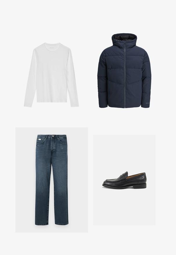 Casaco puffer azul-marinho com capuz, fecho de correr à frente e padrão de costura em Chevron. Feito de tecido texturizado com punhos elásticos e detalhe de logótipo.; Camisola de manga longa branca feita de um tecido macio, com um decote redondo e um design simples sem padrões ou acentos visíveis.; Jeans de ganga azul escuro com corte reto, cinco bolsos, passantes para cinto e fecho com zipper. Textura suave com detalhes de desbotamento sutis.; Mocassins pretos de pele com um acabamento suave, bico redondo e costura decorativa no a parte superior. Salto baixo e empilhado com um ligeiro brilho.