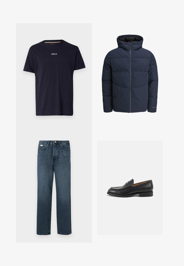 Sötétkék puffajacket kapucnival, cipzáros elülső résszel és chevron mintázattal. Texturált anyagból készült, rugalmas mandzsettákkal és logórészlettel.; Replay Basic póló - night blue; Sötétkék denim farmernadrág egyenes szabással, öt zsebbel, övhurkokkal és cipzáras nyitással. Simaság és finom fakulási részletek jellemzik.; Fekete bőr loaferek sima felülettel, lekerekített orral és díszítő varrással a lábfejen. Alacsony, réteges sarkú és enyhe fényű.