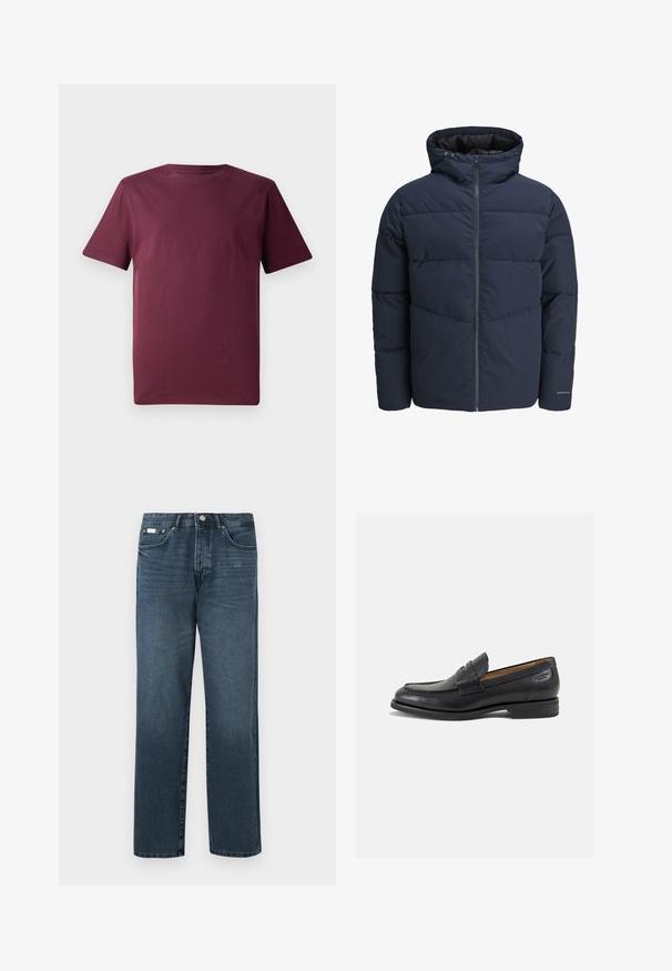 Giacca a vento blu navy con cappuccio, chiusura con zip e motivo a zig-zag. Realizzata in tessuto testurizzato con polsini elasticizzati e dettaglio del logo.; T-shirt corto rosso bordeaux con maniche corte, realizzato in un morbido tessuto di cotone, presenta un classico scollo a girocollo e una vestibilità rilassata, senza motivi o dettagli visibili.; Jeans in denim blu scuro con vestibilità dritta, cinque tasche, passanti per cintura e zip frontale. Tessuto liscio con dettagli di sfumatura discreti.; Mocassini in pelle nera con finitura liscia, punta arrotondata e cuciture decorative sulla tomaia. Tacco basso impilato e leggero lucido.