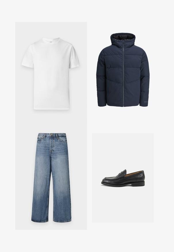 Sötétkék puffajacket kapucnival, cipzáros elülső résszel és chevron mintázattal. Texturált anyagból készült, rugalmas mandzsettákkal és logórészlettel.; Fehér, rövid ujjú póló, puha pamutból készült. Kerek nyakkivágással és egyenes aljjal rendelkezik, minimális részletezéssel.; Széles lábú kék farmernadrág, elhalványodott mosással, öt zsebbel és gombos zárással. Övhurkokkal és steppelt részletekkel ellátva.; Fekete bőr loaferek sima felülettel, lekerekített orral és díszítő varrással a lábfejen. Alacsony, réteges sarkú és enyhe fényű.