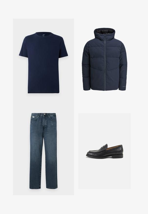 Navy puffer jacket with a hood, zip front, and chevron stitching pattern. Made from textured fabric with elastic cuffs and a logo detail.; Navy blue short-sleeve crew neck cotton t-shirt with a small GAP logo printed inside the collar.; Dark blue denim jeans with a straight fit, five pockets, belt loops, and a zipper fly. Smooth texture with subtle fading details.; Black leather loafers with a smooth finish, rounded toe, and decorative stitching on the vamp. Low stacked heel and slight shine.