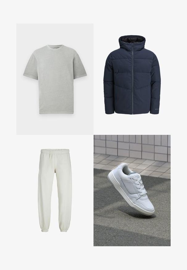 Sötétkék puffajacket kapucnival, cipzáros elülső résszel és chevron mintázattal. Texturált anyagból készült, rugalmas mandzsettákkal és logórészlettel.; Világosszürke, rövid ujjú póló, kerek nyakkivágással, sima fehér háttér előtt bemutatva.; Fehér melegítőnadrág, puha anyagból készült, rugalmas derékrésszel és mandzsettával, sima tapintású és laza szabású.; Fehér bőr sneaker perforált oldalakkal, texturált részletekkel, lapos fűzőkkel és kontrasztos szürke sarokkal. Enyhén megemelt talppal rendelkezik.