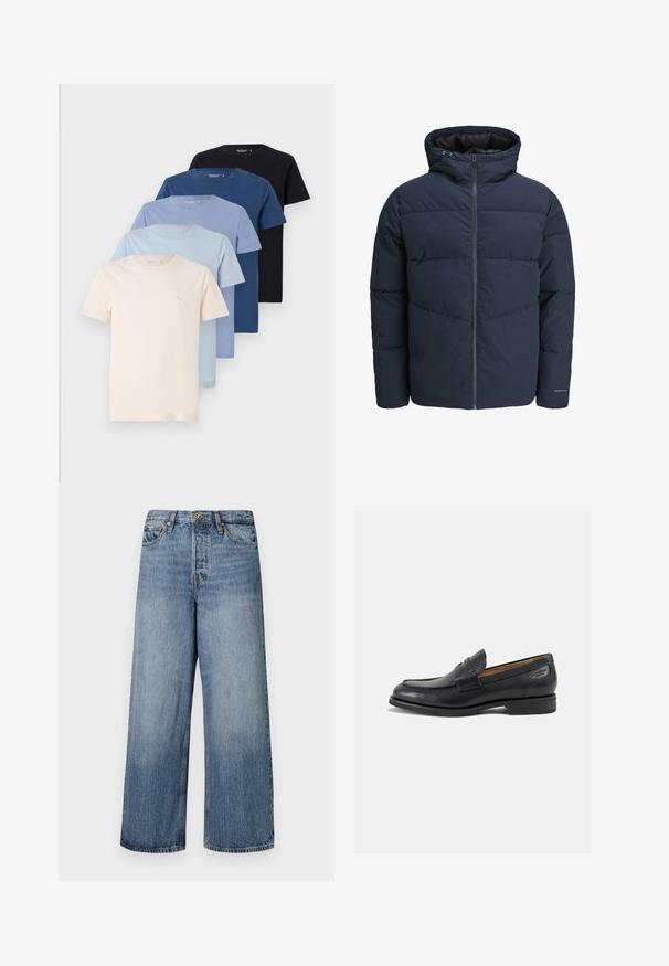 Marineblauwe pufferjas met capuchon, ritssluiting aan de voorkant en chevron-stikpatroon. Gemaakt van textiel met een gestructureerde stof, elastische manchetten en een logo-detail.; Verzameling van vijf ronde hals t-shirts in tinten van crème, lichtblauw, donkerblauw en zwart, gemaakt van zachte katoen, met een eenvoudig ontwerp.; Wijde blauwe denim jeans met een vervaagde was, vijf zakken en een knoopsluiting. Voorzien van riemlussen en gestikte details.; Zwarte leren loafers met een gladde afwerking, ronde neus en decoratieve stiksels op de wreef. Lage gestapelde hak en een lichte glans.