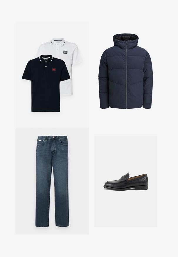 Mornarica puffer jakna s kapuljačom, zatvaranjem na zip i šavnim uzorkom u obliku chevrona. Izrađena od teksturirane tkanine s elastinim manžetama i detaljem s logotipom.; Dva polo majice u tamnoplavoj i bijeloj boji, s kratkim rukavima, klasičnom ovratniku i kontrastnim prugašima na ovratniku.; Tamno plave traperice s ravnim krojem, pet džepova, omčama za remen i patentnim zatvaračem. Glatka tekstura s suptilnim izbljedjelim detaljima.; Crne kožne loferice s glatkom površinom, zaobljenim vrhom i dekorativnim šavom na gornjem dijelu. Nizak potplat s malim potpeticama i blagi sjaj.