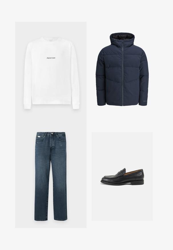 Marineblauwe pufferjas met capuchon, ritssluiting aan de voorkant en chevron-stikpatroon. Gemaakt van textiel met een gestructureerde stof, elastische manchetten en een logo-detail.; Witte longsleeve T-shirt met een klein zwart scriptlogo "Originals Studio" gecentreerd op de borst.; Donkerblauwe denim jeans met een rechte pasvorm, vijf zakken, riemlussen en een ritsgulp. Glad textuur met subtiele vervagingdetails.; Zwarte leren loafers met een gladde afwerking, ronde neus en decoratieve stiksels op de wreef. Lage gestapelde hak en een lichte glans.