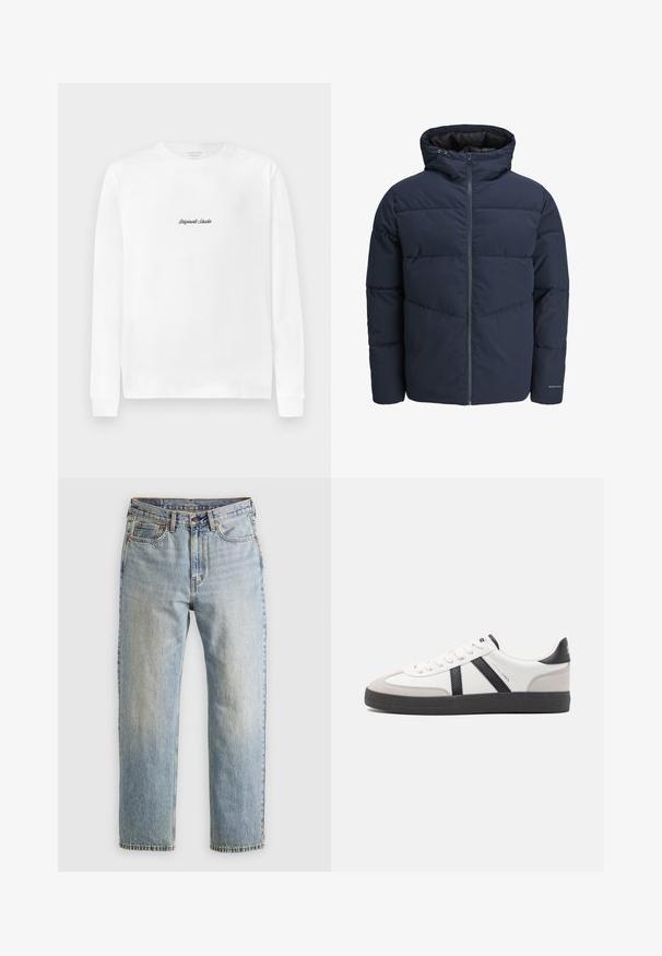 Mornarska puf jakna s kapuco, zadrgo spredaj in chevron vzorcem. Narejena iz teksturiranega blaga z elastičnimi manšetami in logotipom.; Bela dolgouhka majica s dolgimi rokavi z majhnim črnim napisom "Originals Studio" sredi prsnega dela.; Svetlo modri džins hlače z visokim pasom, sprednjim gumbom, zadrgo in petimi žepi, laid flat na nevtralni podlagi.; Bela športna obutev z črnimi in sivo akcenti, z teksturirano sivo kapico za prste, črnim gumijastim podplatom in ravnimi belimi vezalkami. Čista zasnova, minimalistični slog.