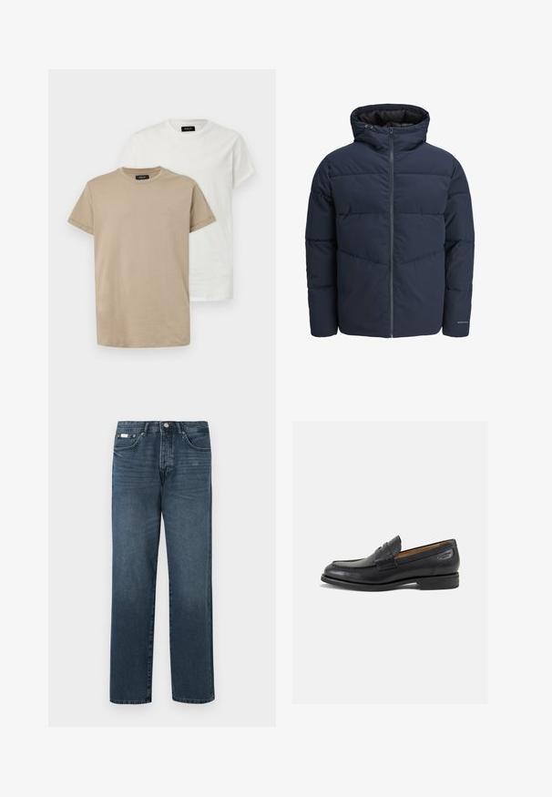 Sötétkék puffajacket kapucnival, cipzáros elülső résszel és chevron mintázattal. Texturált anyagból készült, rugalmas mandzsettákkal és logórészlettel.; Két t-shirt bézs és fehér színben, kerek nyakkivágással, rövid ujjakkal, és egy kis logóval a mellrészen. Puha pamut anyagból készült.; Sötétkék denim farmernadrág egyenes szabással, öt zsebbel, övhurkokkal és cipzáras nyitással. Simaság és finom fakulási részletek jellemzik.; Fekete bőr loaferek sima felülettel, lekerekített orral és díszítő varrással a lábfejen. Alacsony, réteges sarkú és enyhe fényű.