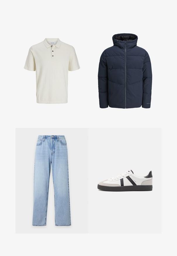 Marineblaue Pufferjacke mit Kapuze, Reißverschluss vorne und Chevron-Nähten. Hergestellt aus strukturiertem Stoff mit elastischen Bündchen und einem Logodetail.; Weißes Polohemd mit kurzen Ärmeln, gefertigt aus weichem, strukturiertem Stoff, mit einem Kragen und drei dunklen Knöpfen an der Knopfleiste.; Helle blaue Jeans im geraden Schnitt, hohe Taille, fünf Taschen und Knopfverschluss. Mit ausgewaschenem Look und Kontraststeppnaht.; Weiße Sneaker mit schwarz- und grau-aczenten, ausgestattet mit einer strukturierten grauen Zehenkappe, schwarzer Gummi-Sohle und flachen weißen Schnürsenkeln. Sauberes Design, minimalistische Stil.