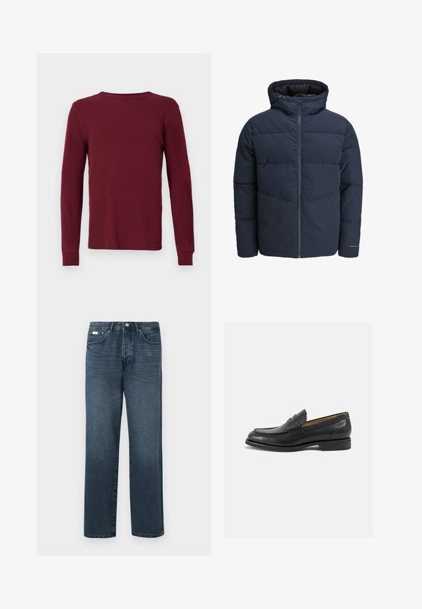 Marineblaue Pufferjacke mit Kapuze, Reißverschluss vorne und Chevron-Nähten. Hergestellt aus strukturiertem Stoff mit elastischen Bündchen und einem Logodetail.; Langärmliges, geripptes Hemd in tiefburgunderrot, mit runder Halslinie und eng anliegenden Bündchen. Glatte Textur, keine sichtbaren Muster oder Akzente.; Dunkelblaue Jeans aus Denim mit geradem Schnitt, fünf Taschen, Gürtelschlaufen und Reißverschluss. Glatte Textur mit dezenten Ausbleichungen.; Schwarze Leder Slipper mit glatter Oberfläche, runder Spitze und dekorativer Naht auf dem Vorderblatt. Niedriger Blockabsatz und leichter Glanz.