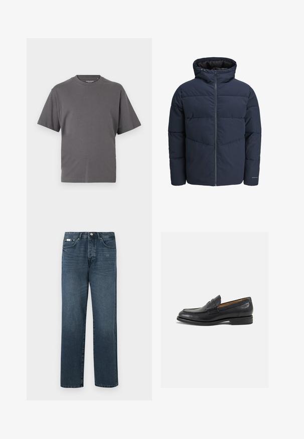 Marineblå pufferjakke med hætte, lynlås foran og chevron syning mønster. Lavet af tekstureret stof med elastiske manchetter og logo detaljer.; Grå T-shirt med korte ærmer, lavet af en blød bomuldsblanding, med rund hals og et enkelt design uden mønstre eller accenter.; Mørkeblå denimbukser med lige pasform, fem lommer, bæltestropper og lynlås. Glat tekstur med subtile blegede detaljer.; Sorte læder loafers med en glat finish, rund tå og dekorativ syning på vampen. Lav stablet hæl og let glans.