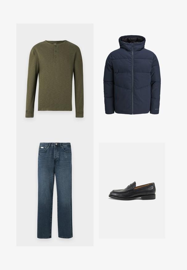 Marineblaue Pufferjacke mit Kapuze, Reißverschluss vorne und Chevron-Nähten. Hergestellt aus strukturiertem Stoff mit elastischen Bündchen und einem Logodetail.; Langärmliges olivgrünes Henley-Shirt mit Rundhalsausschnitt, drei Knöpfen am Kragen und einer strukturierten Stoffoberfläche.; Dunkelblaue Jeans aus Denim mit geradem Schnitt, fünf Taschen, Gürtelschlaufen und Reißverschluss. Glatte Textur mit dezenten Ausbleichungen.; Schwarze Leder Slipper mit glatter Oberfläche, runder Spitze und dekorativer Naht auf dem Vorderblatt. Niedriger Blockabsatz und leichter Glanz.