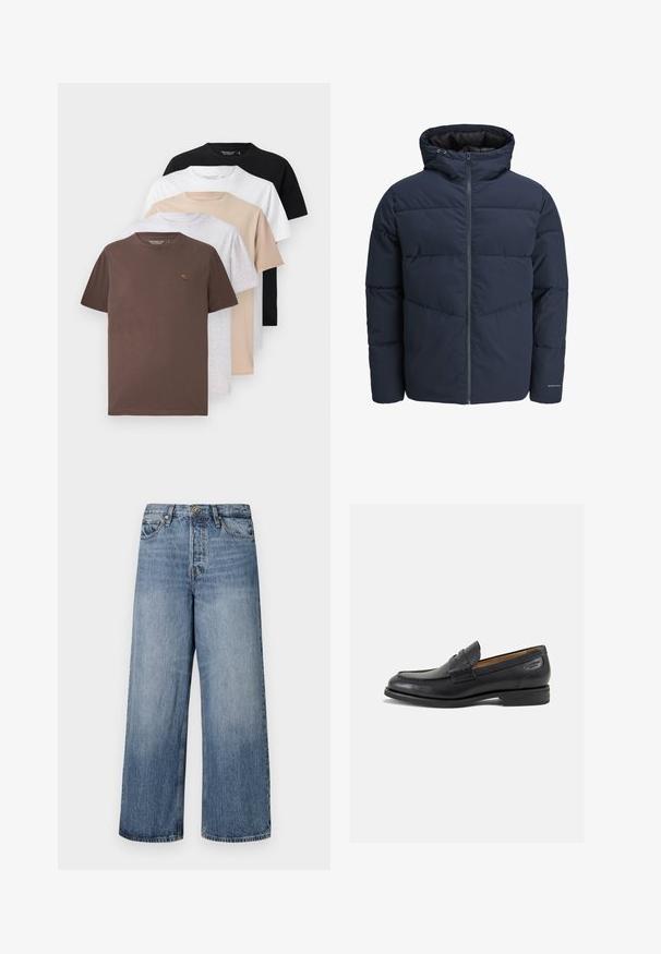 Sötétkék puffajacket kapucnival, cipzáros elülső résszel és chevron mintázattal. Texturált anyagból készült, rugalmas mandzsettákkal és logórészlettel.; Öt rövid ujjú póló barna, szürke, bézs, fehér és fekete színben, kerek nyakkivágással és puha, sima pamut anyagból.; Széles lábú kék farmernadrág, elhalványodott mosással, öt zsebbel és gombos zárással. Övhurkokkal és steppelt részletekkel ellátva.; Fekete bőr loaferek sima felülettel, lekerekített orral és díszítő varrással a lábfejen. Alacsony, réteges sarkú és enyhe fényű.
