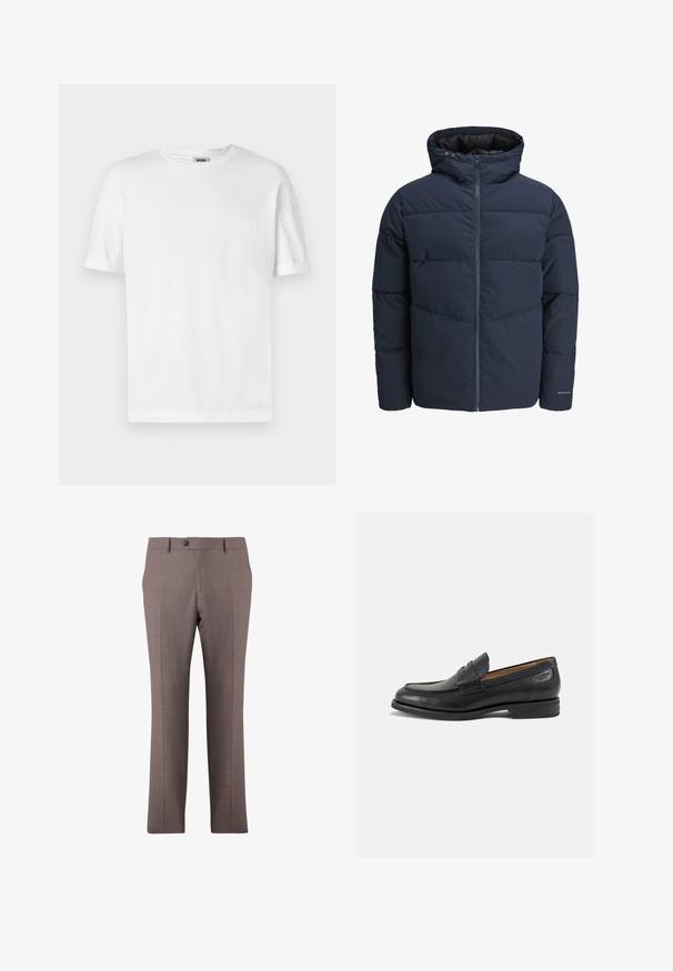 Marineblå pufferjakke med hætte, lynlås foran og chevron syning mønster. Lavet af tekstureret stof med elastiske manchetter og logo detaljer.; Hvid bomulds T-shirt med rund hals, korte ærmer og oprevet manchetter; enkel design, blød tekstur og lige snit.; Brune skræddersyede bukser med frontfold, knaplukning, bæltestropper og sidelommer, præsenteret på hvid baggrund.; Sorte læder loafers med en glat finish, rund tå og dekorativ syning på vampen. Lav stablet hæl og let glans.