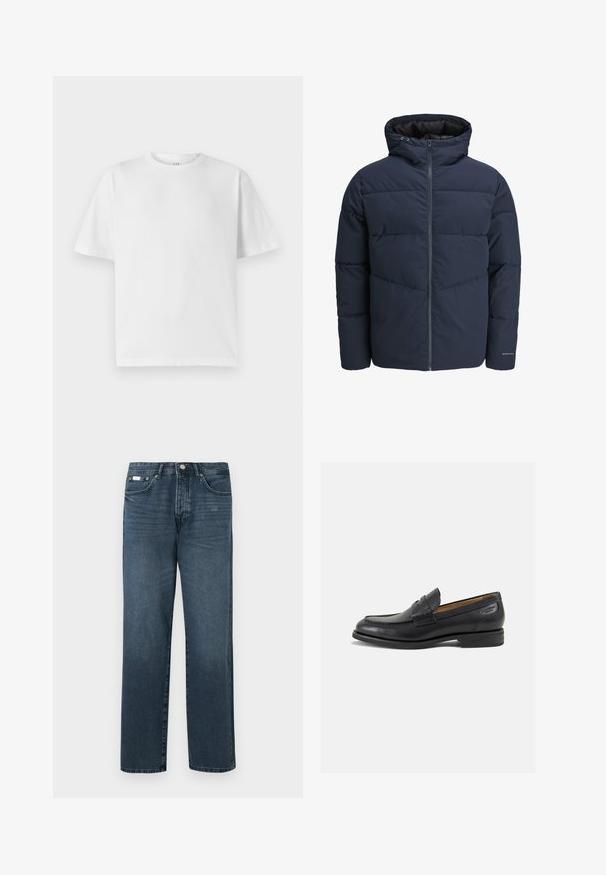 Marineblå pufferjakke med hætte, lynlås foran og chevron syning mønster. Lavet af tekstureret stof med elastiske manchetter og logo detaljer.; Hvid bomulds T-shirt med rund halsudskæring og korte ærmer. Har en løs pasform og en glat tekstur. Ingen synlige mønstre eller grafikker.; Mørkeblå denimbukser med lige pasform, fem lommer, bæltestropper og lynlås. Glat tekstur med subtile blegede detaljer.; Sorte læder loafers med en glat finish, rund tå og dekorativ syning på vampen. Lav stablet hæl og let glans.