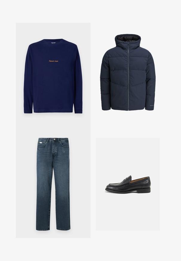 Tumesinine puhvpusa, millel on kapuuts, lukuga ees ja chevroni tikandi muster. Valmistatud tekstuursetest kangast, millel on elastsed mansetid ja logodetail.; Tumesinine pikatoeline särk, millel on kuldsete justustega "Originals Studio" tikand rinnal, esitatud lihtsa valge tausta taustal.; Tumed sinine denim materjalist sirge lõikega teksad, viie taskuga, vöödega ja lukuga. Sile tekstuur koos kergete pleekimisdetailidega.; Mustad mustad nahast loafers, sujuva viimistlusega, ümar sirge ja dekoratiivne tikand peal. Madal ja kergelt kuhjatud konts ning kerge läige.