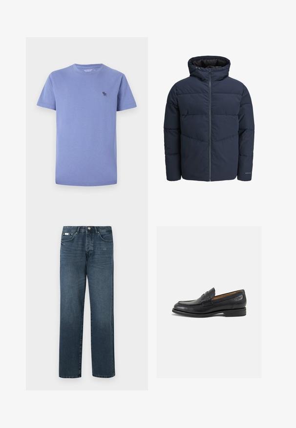 Marinblå puffjacka med huva, dragkedja fram och chevronmönster. Tillverkad av textil med elastiska ärmslut och logotypdetalj.; Ljuslila bomulls t-shirt, rundhals, kort ärm, med en liten broderad logotyp i en mörkare nyans på vänster bröst.; Mörkblå denimjeans med rak passform, fem fickor, bälteshällor och dragkedja. Slät textur med subtila blekningdetaljer.; Svarta läder loafers med en slät ytfinish, rund tå och dekorativ sömnad på vampen. Låg staplad klack och lätt glans.