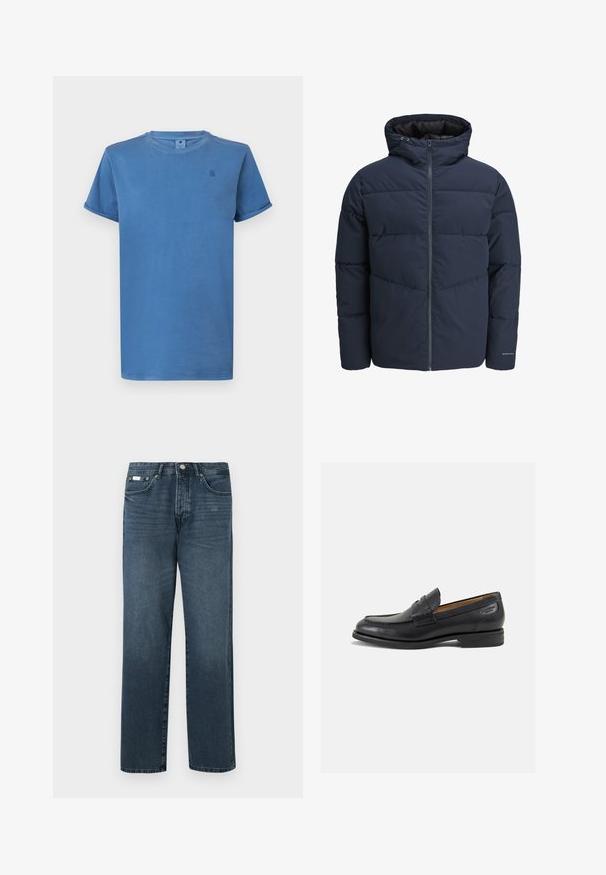 Tamsiai mėlynas pūkinis švarkas su gaubtu, užtrauktuku priekyje ir chevrono raštu. Pagamintas iš tekstūruotos medžiagos su elastinėmis rankovėmis ir logotipo detale.; Šviesiai mėlyna trumpomis rankovėmis marškinėliai, pagaminti iš minkštos medvilnės, su apvalia iškirpte ir maža logotipo detalė ant krūtinės.; Tamsiai mėlynos džinsinės kelnės, tiesaus modelio, su penkiomis kišenėmis, diržo kilpomis ir užtrauktuku. Lygaus tekstūros su subtiliais blukimo akcentais.; Juodi odiniai loafersai su lygiu paviršiumi, apvaliu pirštu ir dekoratyvine siūlė viršuje. Žemas sustiprintas kulnas ir lengvas blizgesys.