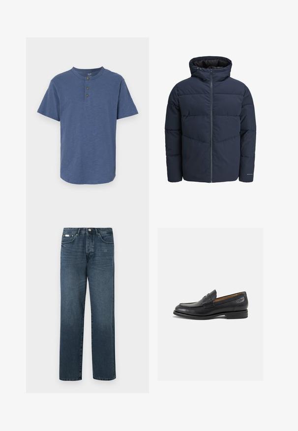 Sötétkék puffajacket kapucnival, cipzáros elülső résszel és chevron mintázattal. Texturált anyagból készült, rugalmas mandzsettákkal és logórészlettel.; Rövid ujjú ing puha kék anyagból, kerek nyakkal és három barna gombbal a gallérnál, egyenes aljú fazonnal.; Sötétkék denim farmernadrág egyenes szabással, öt zsebbel, övhurkokkal és cipzáras nyitással. Simaság és finom fakulási részletek jellemzik.; Fekete bőr loaferek sima felülettel, lekerekített orral és díszítő varrással a lábfejen. Alacsony, réteges sarkú és enyhe fényű.