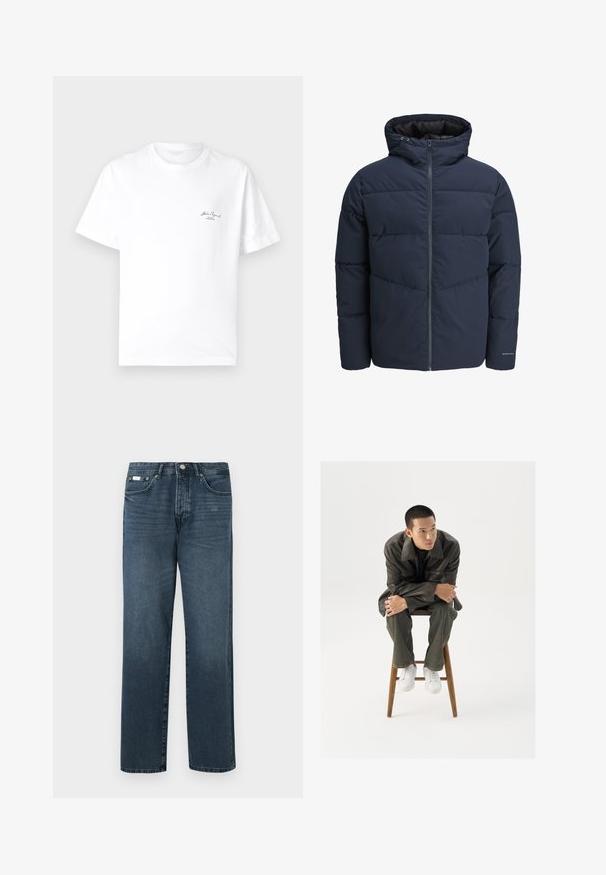 Tumesinine puhvpusa, millel on kapuuts, lukuga ees ja chevroni tikandi muster. Valmistatud tekstuursetest kangast, millel on elastsed mansetid ja logodetail.; Valge puuvillane T-särk, millel on ümmargune kaelus, lühikesed sleeves ja väike must logo vasakul rinnapiiril. Sile tekstuur.; Tumed sinine denim materjalist sirge lõikega teksad, viie taskuga, vöödega ja lukuga. Sile tekstuur koos kergete pleekimisdetailidega.; Pruun nahkjope laia kraega, sobitatud tumeroheliste teksade ja valgete tennistega. Mudel istub puidust taburetil.