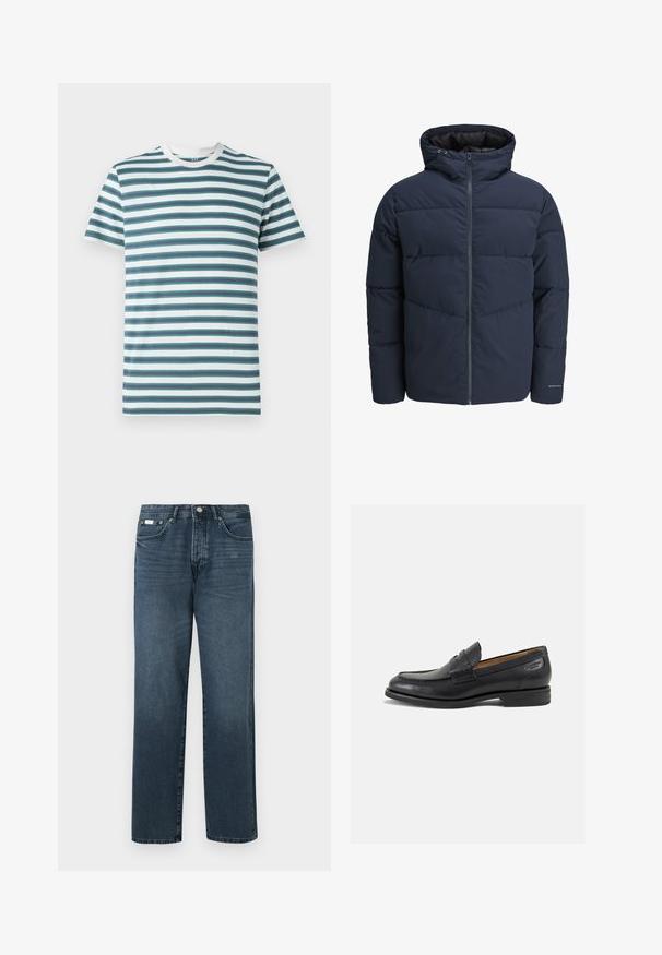 Námornícka prešívaná bunda s kapucňou, zipsom vpredu a šikmým prešívaním. Vyrobená z textúrovanej tkaniny s elastickými manžetami a detailom loga.; Pánske tričko s krátkym rukávom s horizontálnymi pruhmi v odtieňoch tyrkysovej, námorníckej a bielej. Mäkká bavlnená látka s okrúhlym výstrihom a kontrastným golierom.; Tmavomodré denimové džínsy so strihom rovného strihu, piatimi vreckami, pútkami na opasok a zipsom. Hladká textúra s jemnými efektmi vyblednutia.; Čierne kožené mokasíny s hladkým povrchom, zaoblenou špičkou a dekoratívnym prešívaním na prednej časti. Nízky kokteilový opätok a jemný lesk.