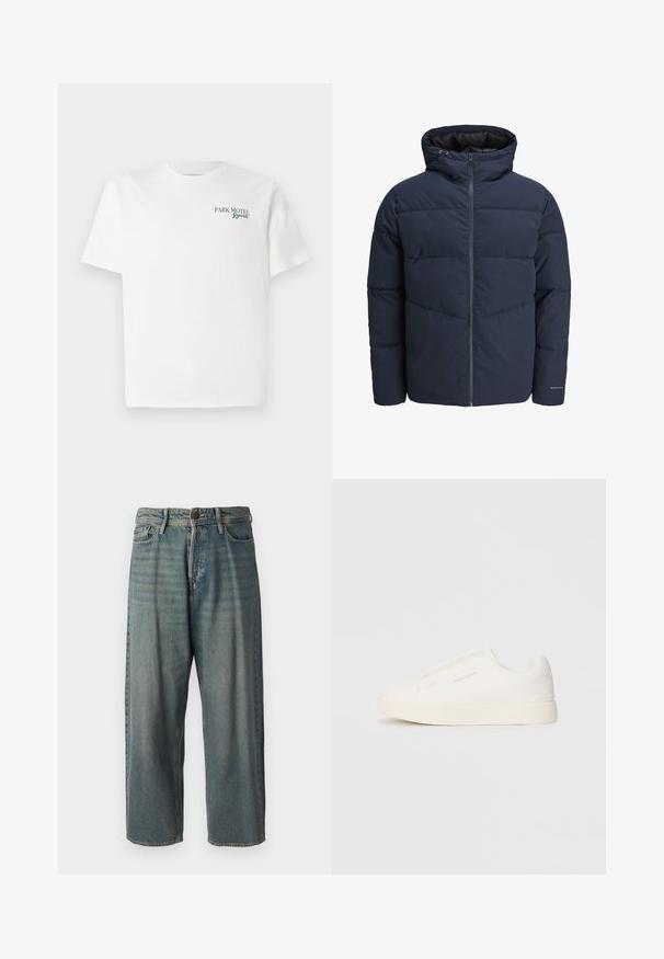 Navy pufferjakke med hette, glidelås foran og chevron søm mønster. Laget av strukturert stoff med elastiske mansjetter og logo detalj.; Hvit bomulls t-skjorte med rund hals. Forsiden har grønn tekst: "PARK MOTEL Resort." Korte ermer og en avslappet passform. Glatt tekstur.; Lyseblå denimjeans med løs passform, midjehøyde og rette ben. Har fem lommer, beltehemper og knappelukking.; Hvite slip-on joggesko med teksturert overflate, tykk såle og minimalistisk design. Har merkevarelogo på siden.