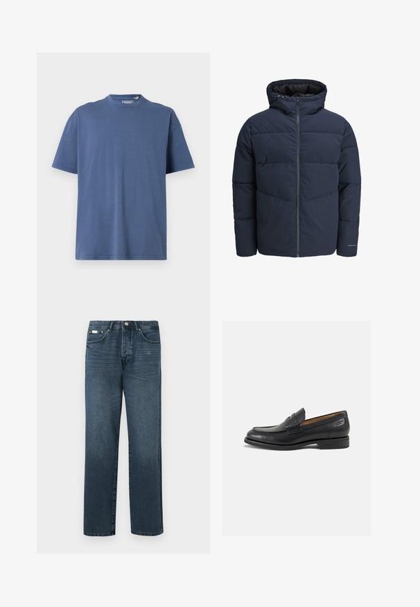 Námořnická puffer bunda s kapucí, zipem vpředu a šikmým švem. Vyrobena z texturované látky s elastickými manžetami a detailem loga.; Modrý krátký rukáv tričko vyrobené z měkké bavlny, s kulatým výstřihem a volným střihem, s minimálními švy.; Tmavě modré džínové kalhoty se straight fit, pěti kapsami, poutky na opasek a zipovým zapínáním. Hladká textura s jemnými detaily vyblednutí.; Černé kožené mokasíny s hladkým povrchem, zaoblenou špičkou a dekorativním prošíváním na svršku. Nízký podpatka a mírný lesk.