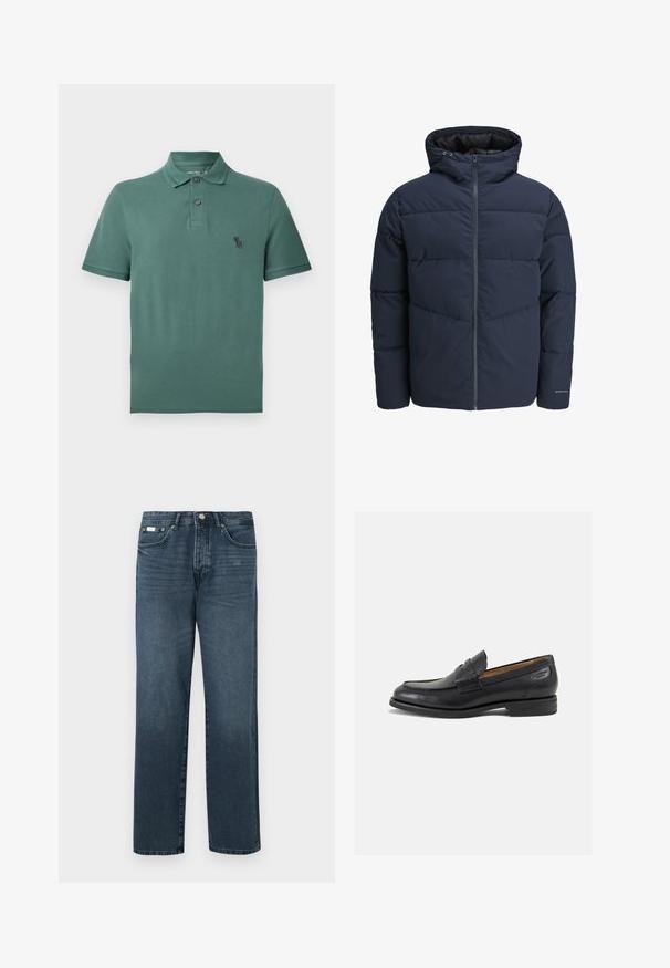 Marineblauwe pufferjas met capuchon, ritssluiting aan de voorkant en chevron-stikpatroon. Gemaakt van textiel met een gestructureerde stof, elastische manchetten en een logo-detail.; Groene katoenen poloshirt met een kraaglijn, twee knopen en een klein zwart logo op de borst. Korte mouwen en een rechte zoom.; Donkerblauwe denim jeans met een rechte pasvorm, vijf zakken, riemlussen en een ritsgulp. Glad textuur met subtiele vervagingdetails.; Zwarte leren loafers met een gladde afwerking, ronde neus en decoratieve stiksels op de wreef. Lage gestapelde hak en een lichte glans.