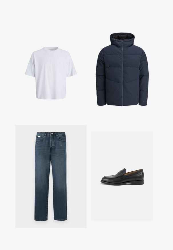 Marineblauwe pufferjas met capuchon, ritssluiting aan de voorkant en chevron-stikpatroon. Gemaakt van textiel met een gestructureerde stof, elastische manchetten en een logo-detail.; Witte katoenen t-shirt met een ronde hals, korte mouwen en een losse pasvorm. Gladde textuur en minimalistisch ontwerp zonder zichtbare patronen of accenten.; Donkerblauwe denim jeans met een rechte pasvorm, vijf zakken, riemlussen en een ritsgulp. Glad textuur met subtiele vervagingdetails.; Zwarte leren loafers met een gladde afwerking, ronde neus en decoratieve stiksels op de wreef. Lage gestapelde hak en een lichte glans.
