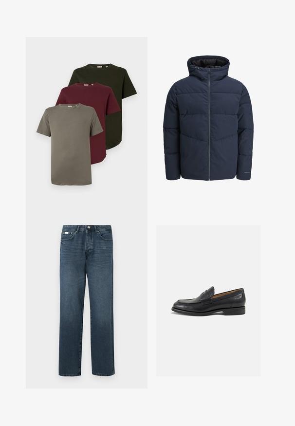 Navy puffer jacket with a hood, zip front, and chevron stitching pattern. Made from textured fabric with elastic cuffs and a logo detail.; Three short-sleeve T-shirts in olive green, burgundy, and gray, made from soft cotton, featuring a crew neck and a relaxed fit.; Dark blue denim jeans with a straight fit, five pockets, belt loops, and a zipper fly. Smooth texture with subtle fading details.; Black leather loafers with a smooth finish, rounded toe, and decorative stitching on the vamp. Low stacked heel and slight shine.